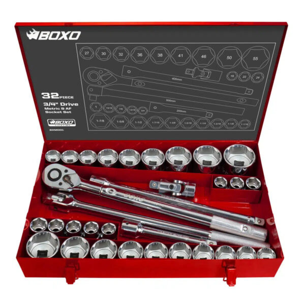 Maltova 32-Piece 3/4" Drive Metric & SAE 6-Point Socket Set | Ratchet Included